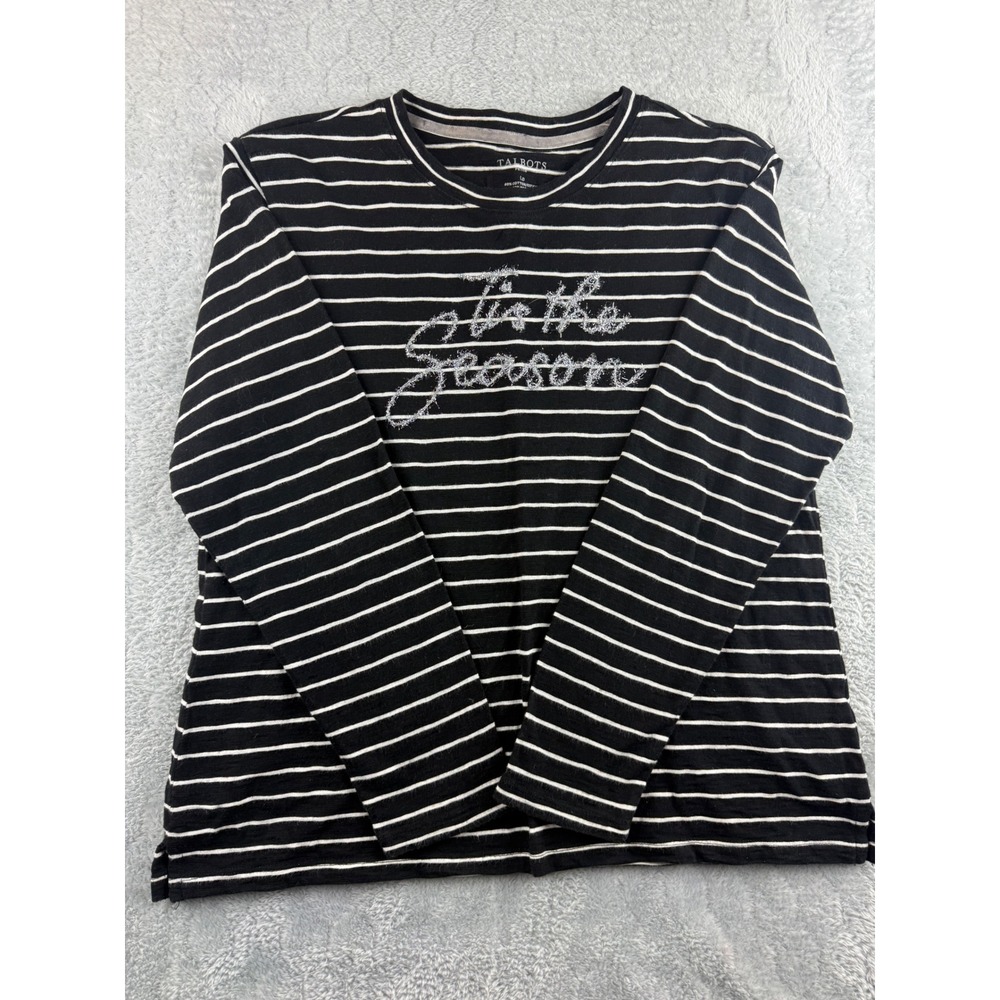 Talbots Petite Black White Striped Long Sleeve T-Shirt Tis the Season Glitter Lp